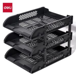 Deli File Tray 9217ES Document Desk Organizer 3-Compartment File Rack for Office Files - Black Color